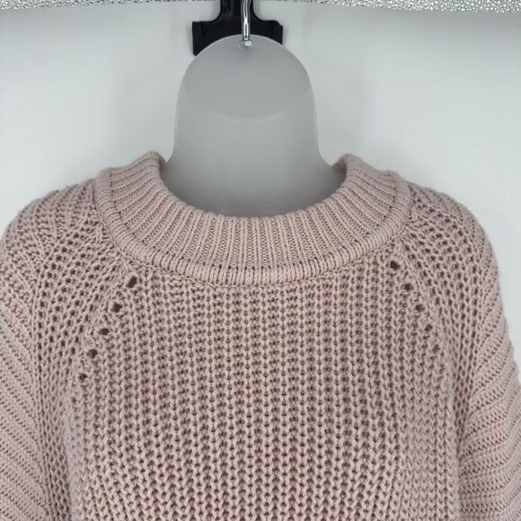 Express Pink Chunky Knit Fisherman Sweater Large Balloon Sleeve Ribbed Boho Cozy - Picture 5 of 9
